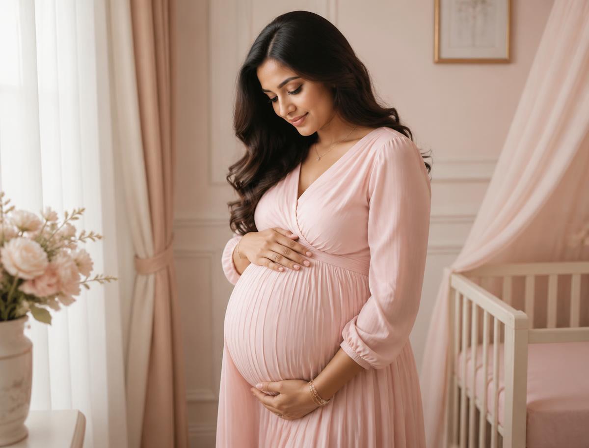 Expectant mother resting a hand on her baby bump